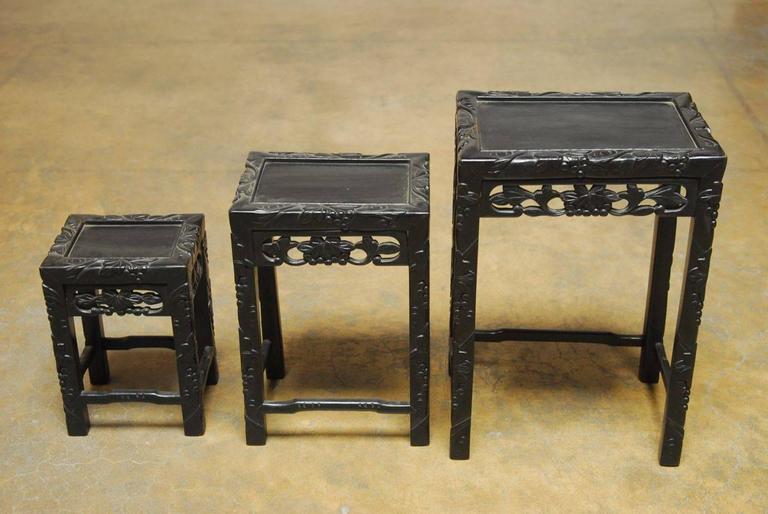 Hand-Carved Set of Three Chinese Ebonized Nesting Tables For Sale
