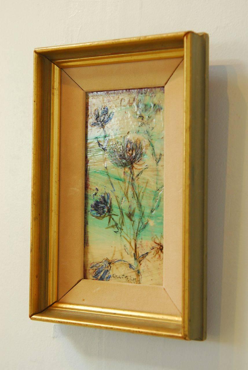 Charming little Mid-Century painting by Pascal Cucaro (1915-2004). Original oil on board signed on top and bottom. Vibrant colors of green, deep blue and purple over a cream colored ground featuring delicate flowers. Typical of his painting style