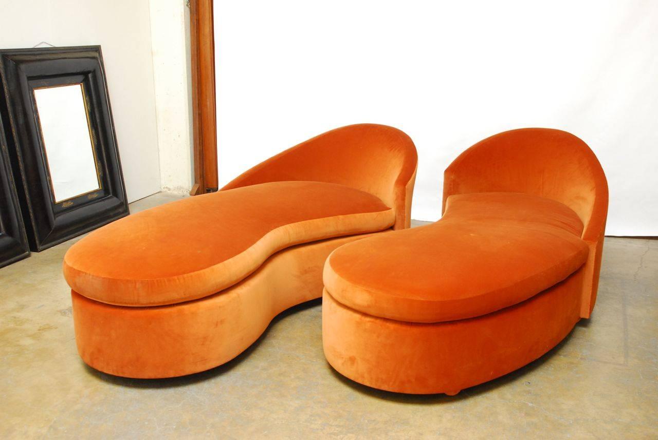 Mid-Century Modern Pair of Orange Crush Velvet Vladimir Kagan Style Cloud Sofas