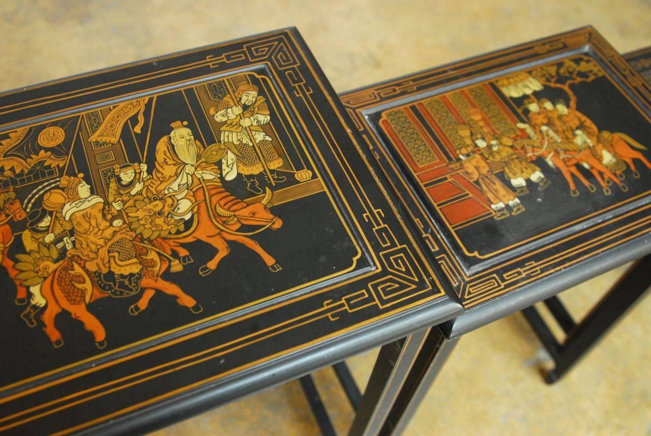 Painted Set of Four Chinese Black Lacquer Nesting Tables