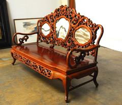 Chinese Rosewood and Marble Dali Carved Sofa Bench