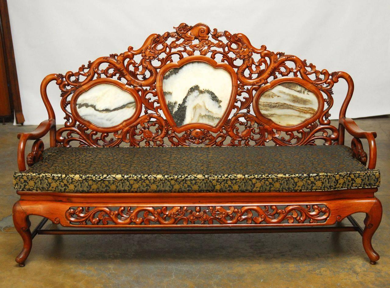 Hand-Carved Chinese Rosewood and Marble Dali Carved Sofa Bench