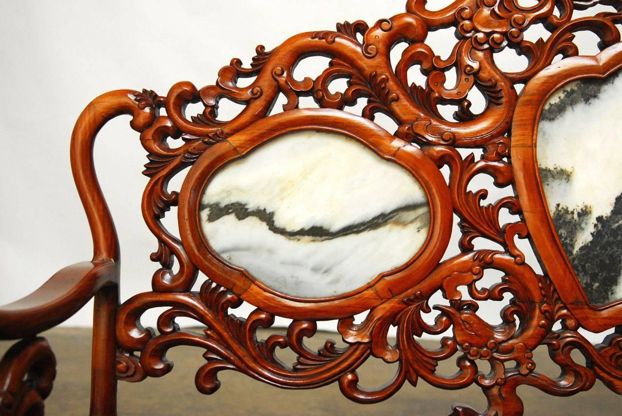 Chinese Rosewood and Marble Dali Carved Sofa Bench In Excellent Condition In Rio Vista, CA