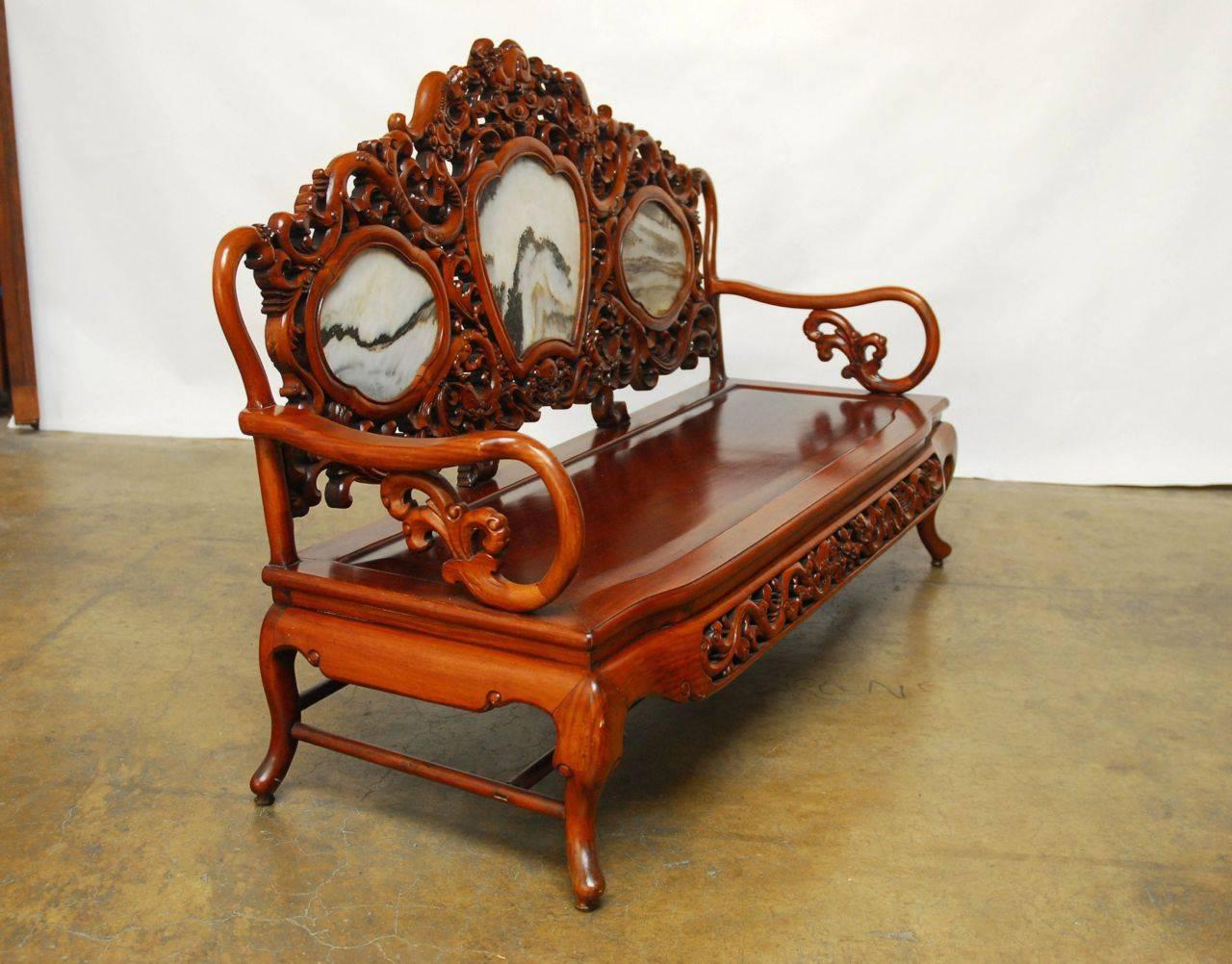 Qing Chinese Rosewood and Marble Dali Carved Sofa Bench