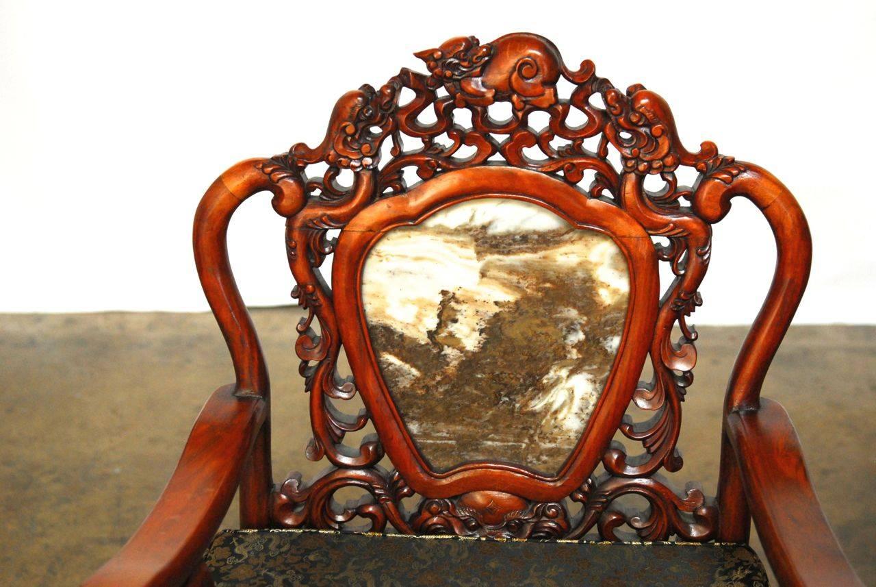 Qing Pair of Chinese Rosewood and Marble Dali Carved Armchairs
