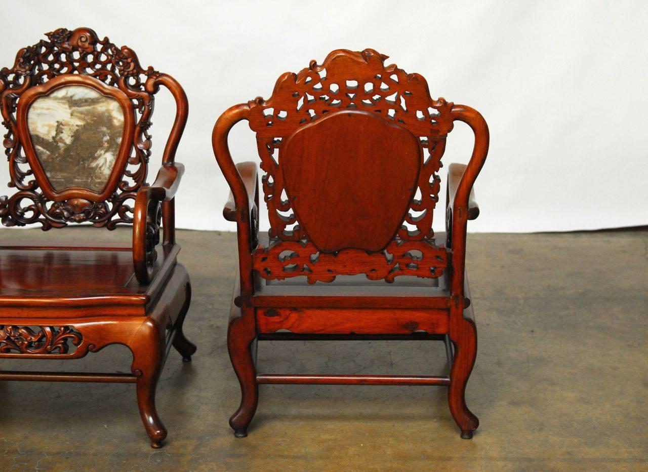 Pair of Chinese Rosewood and Marble Dali Carved Armchairs In Excellent Condition In Rio Vista, CA