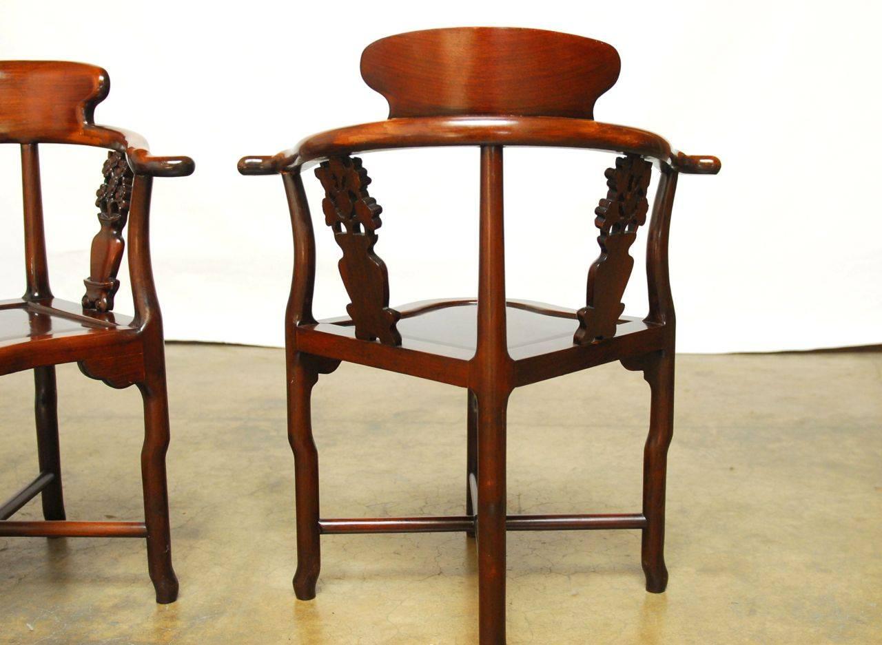 Hand-Carved Pair of Exceptional Chinese Rosewood Corner Chairs For Sale