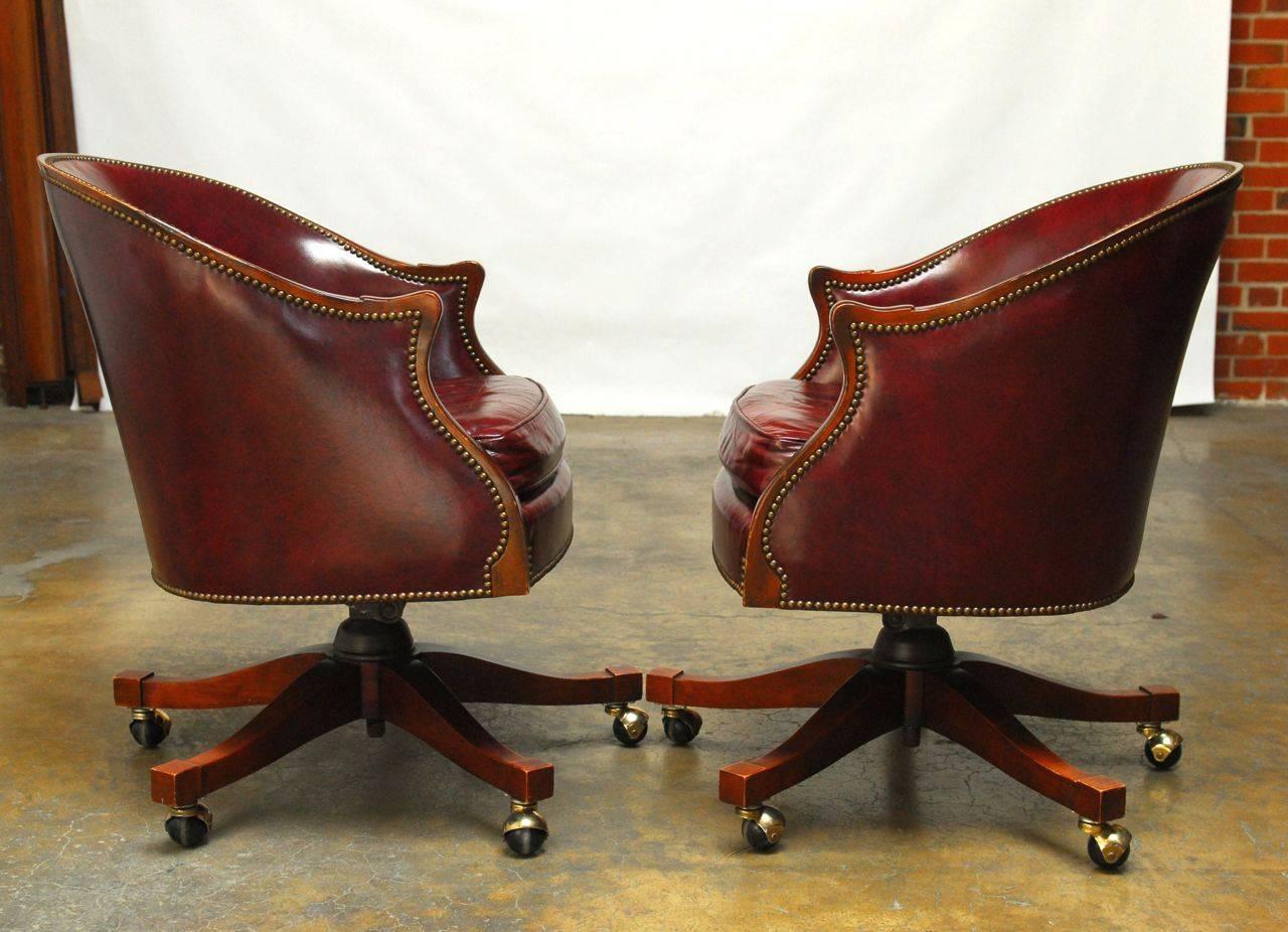 Pair of Baker Leather Barrel Back Office Chairs at 1stdibs
