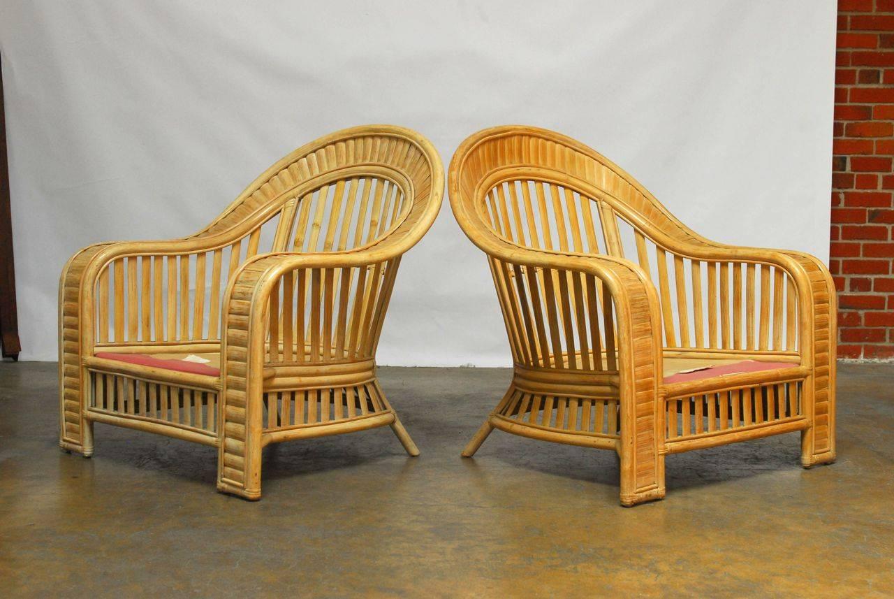 Hollywood Regency Pair of Bamboo Fan Back Armchairs Attributed to Ralph Lauren