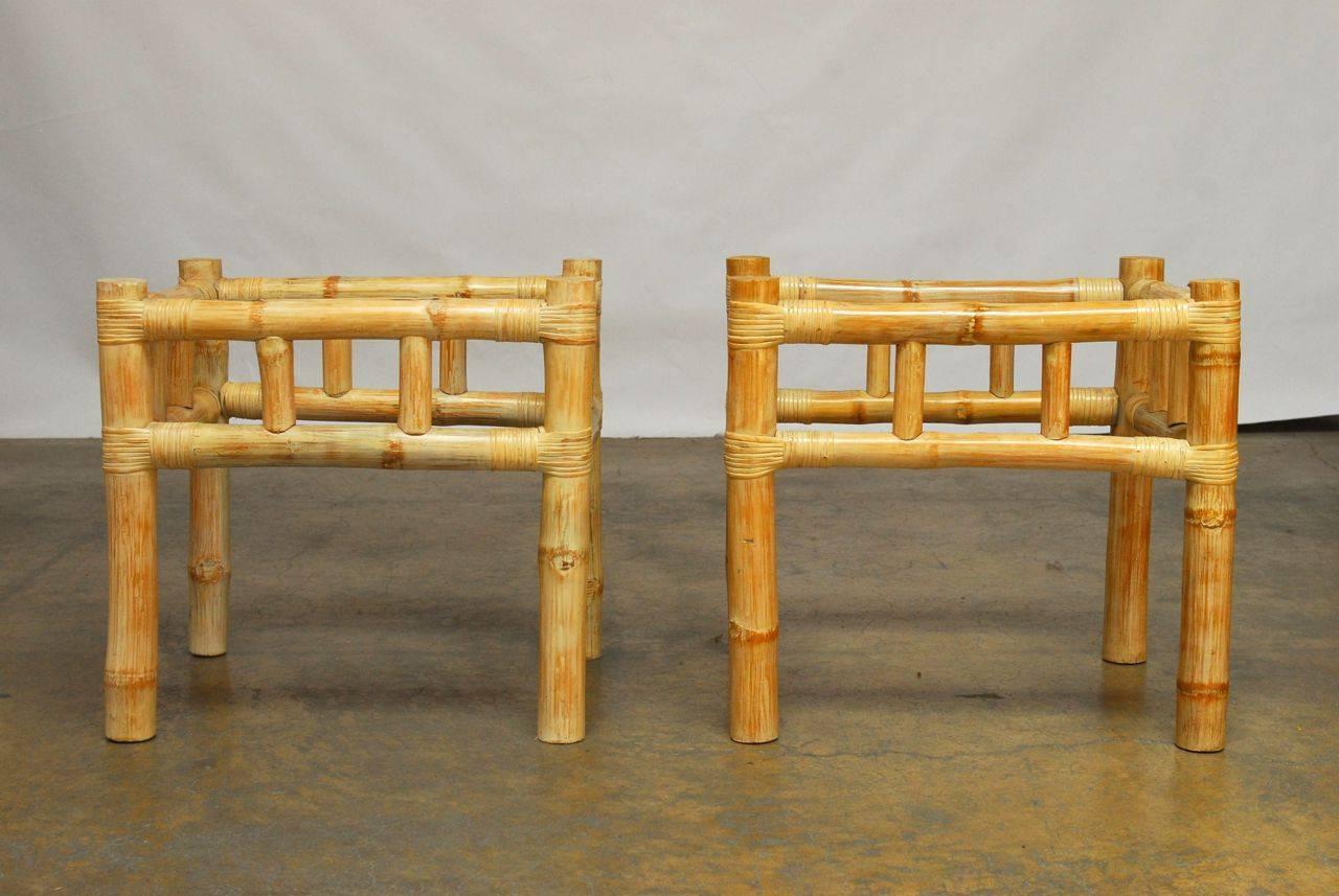 Thick, natural bamboo stalks form an open frame for these organic tables supported by larger round bamboo legs. Whitewashed and strapped with rattan binds. Glass tops not included but could either be round or square. Produced by O-Asian of