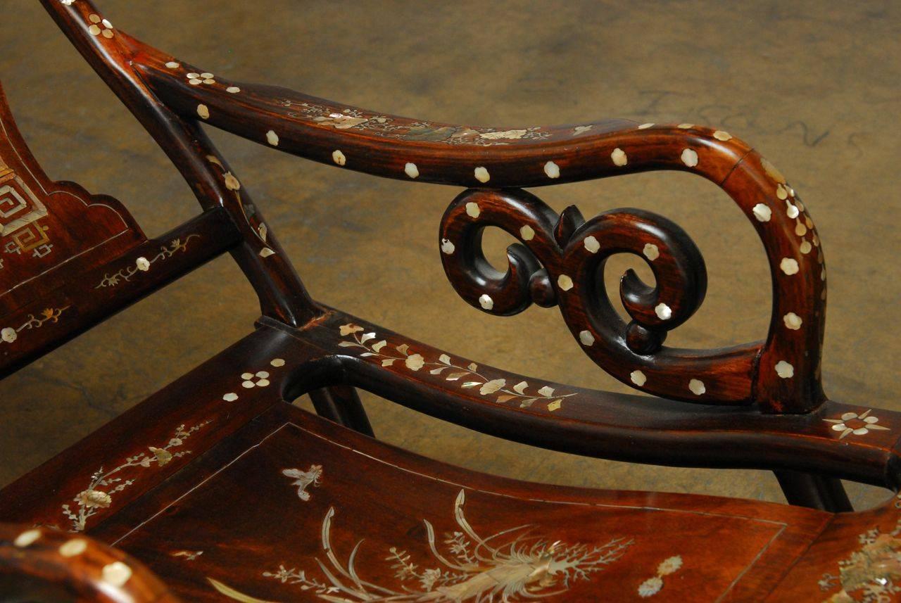 Chinese Export Pair of Chinese Rosewood Lounge Chairs with Mother-of-Pearl Inlay