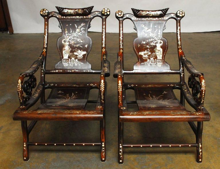 Pair Of Chinese Rosewood Lounge Chairs With Mother Pearl Inlay At Chinese Export Pair Of Rosewood Lounge Chairs With Mother Pearl Inlay For