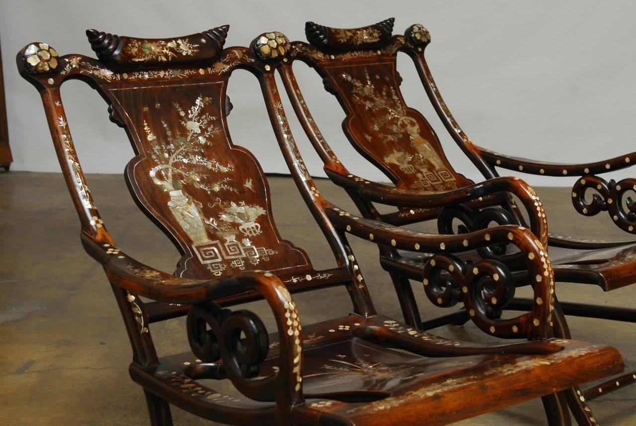 Hand-Carved Pair of Chinese Rosewood Lounge Chairs with Mother-of-Pearl Inlay