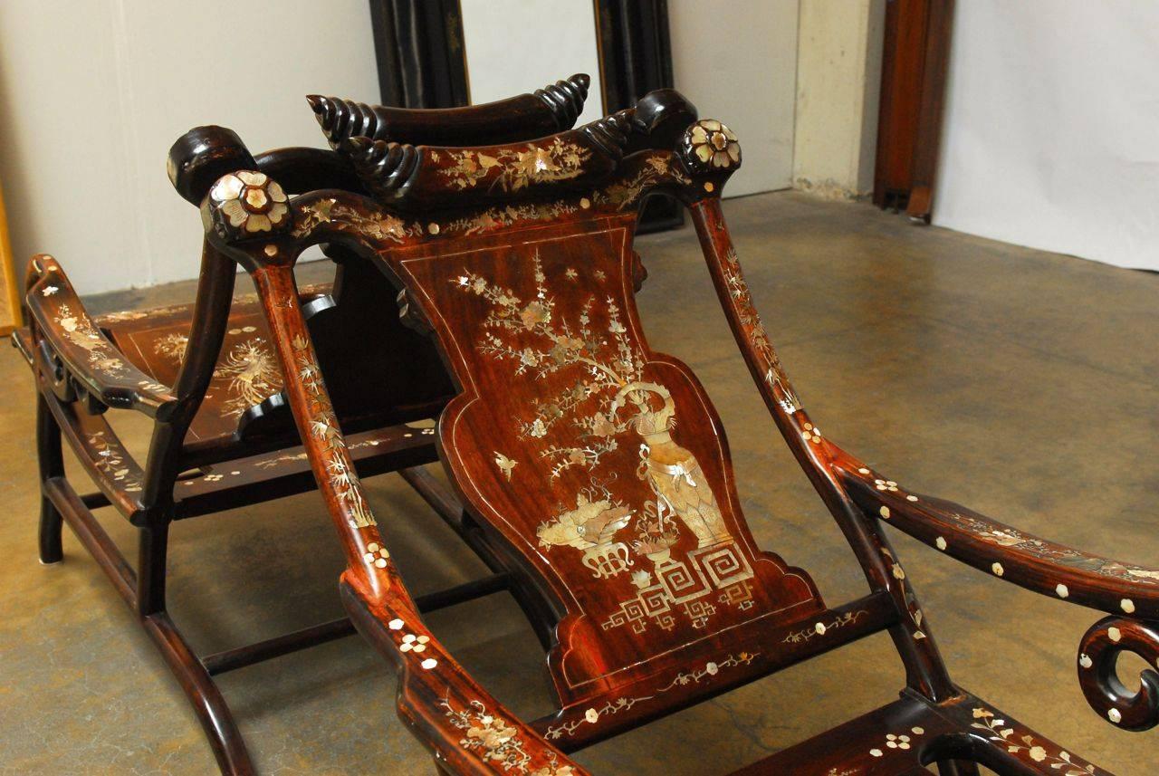 Pair of Chinese Rosewood Lounge Chairs with Mother-of-Pearl Inlay In Excellent Condition In Rio Vista, CA
