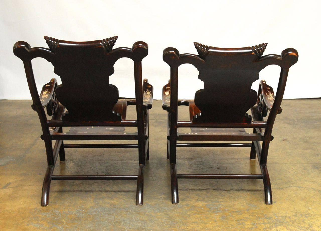20th Century Pair of Chinese Rosewood Lounge Chairs with Mother-of-Pearl Inlay