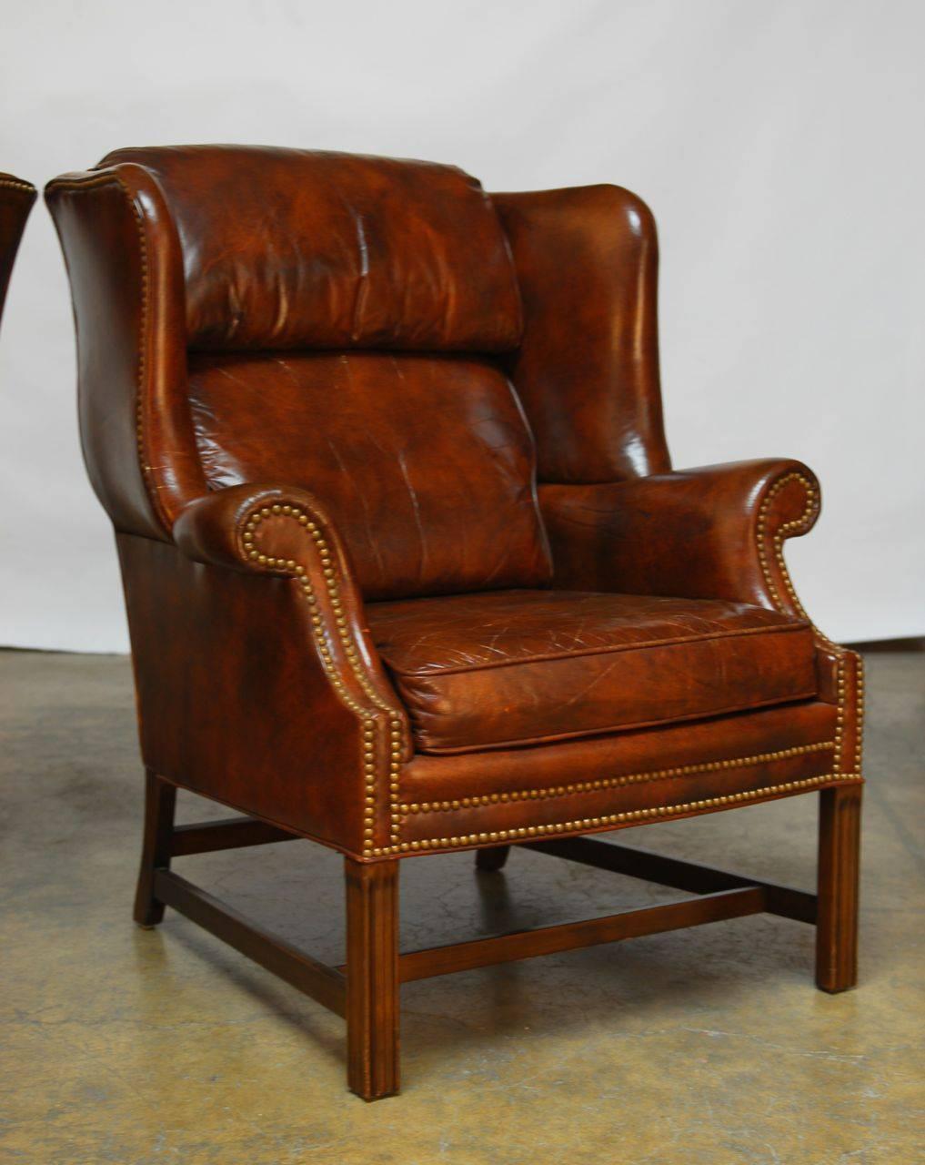 American Pair of Marbled Leather Wingback Chairs by Schafer Bros