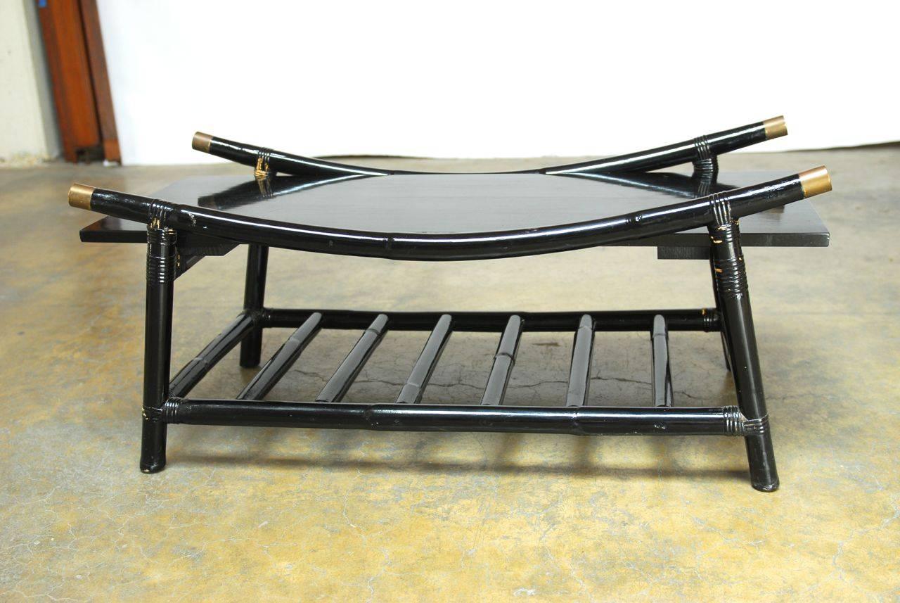 American Black Lacquer Rattan Coffee Table and Side Table, Attributed to Ficks Reed