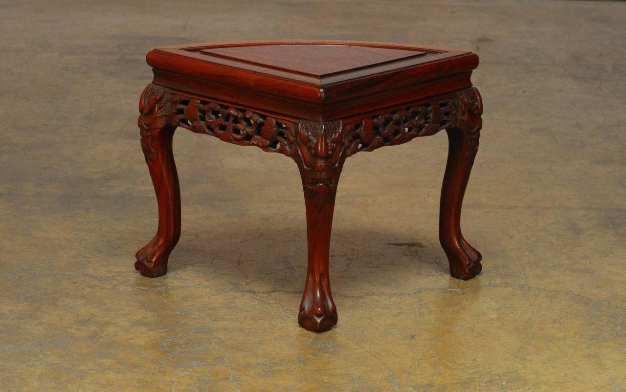 Hand-Carved Round Chinese Carved Rosewood Tea Table with Nesting Stools