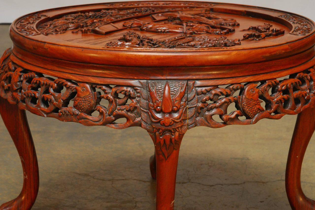 Round Chinese Carved Rosewood Tea Table with Nesting Stools For Sale at