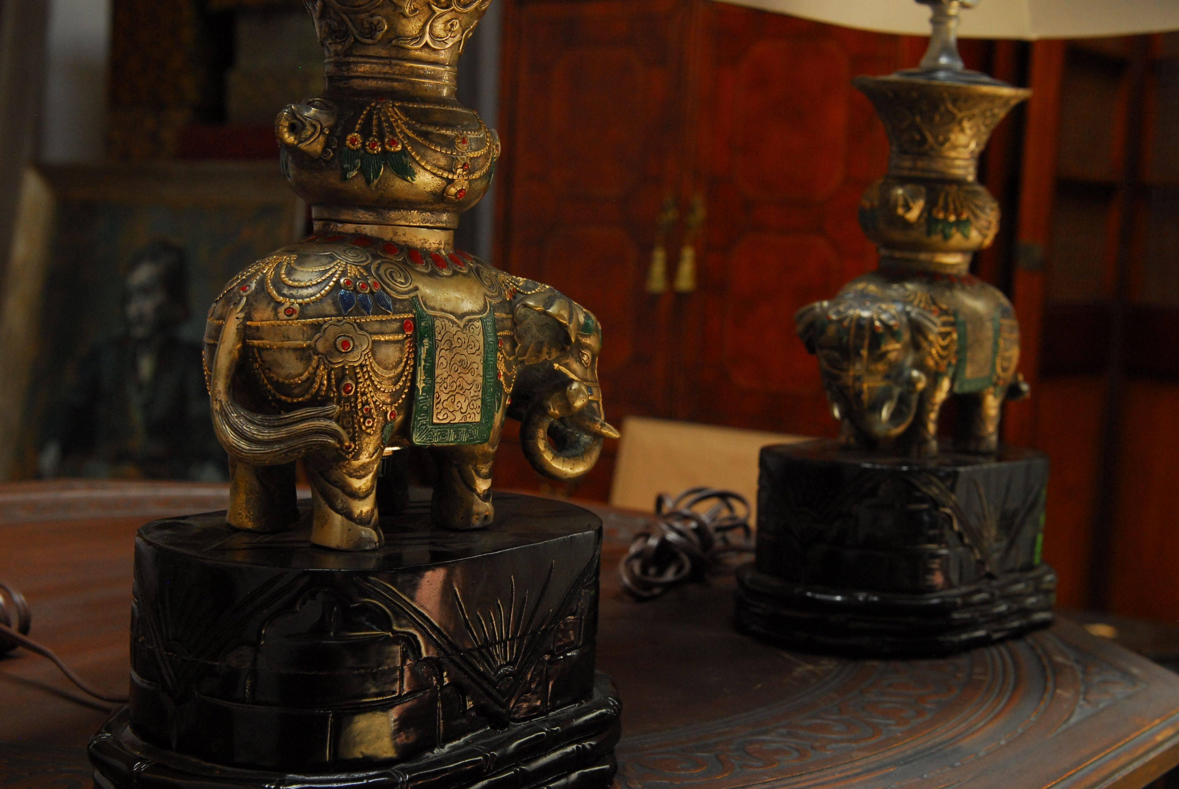 Hollywood Regency Pair of Thai White Brass Elephant Table Lamps
