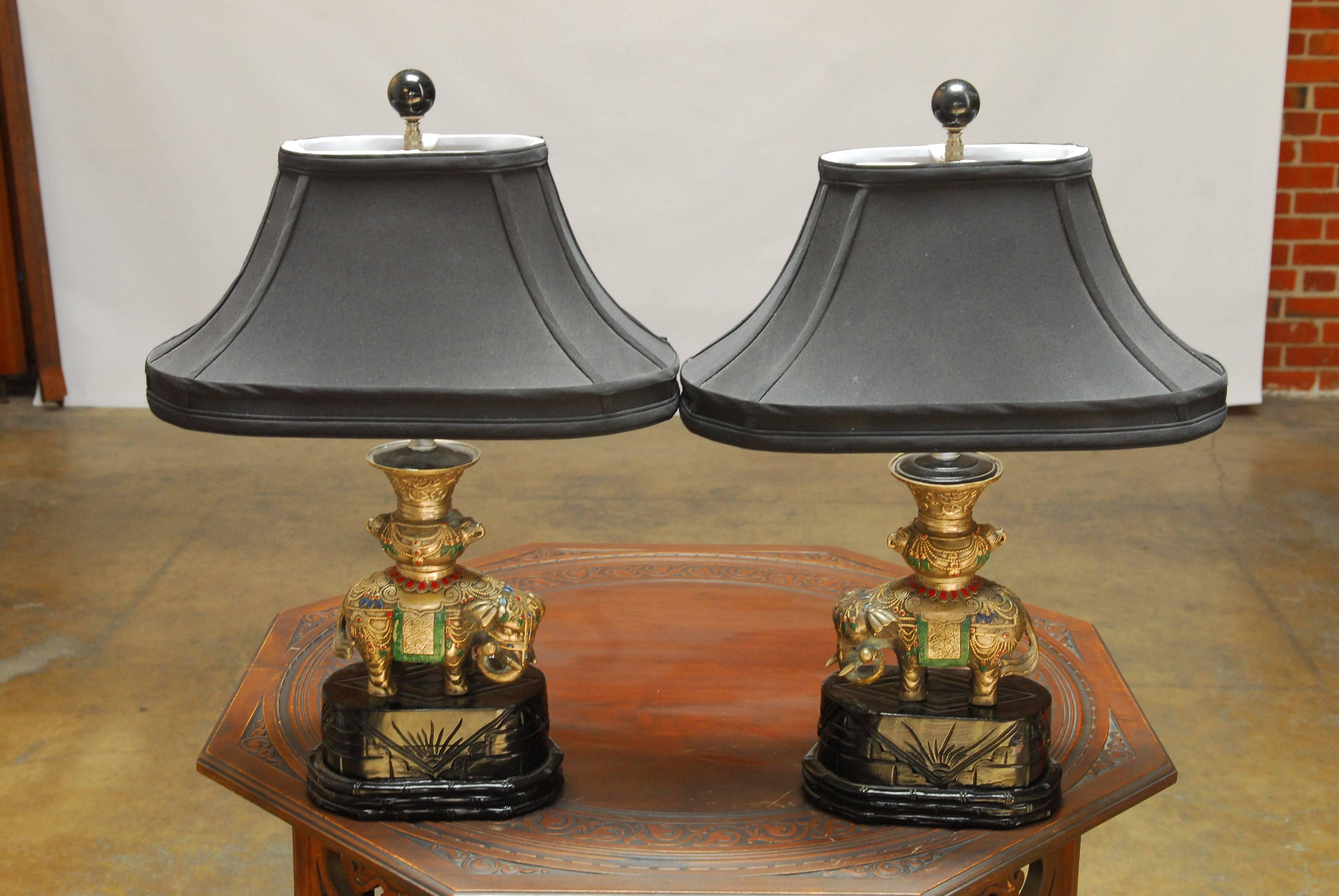 Cast Pair of Thai White Brass Elephant Table Lamps