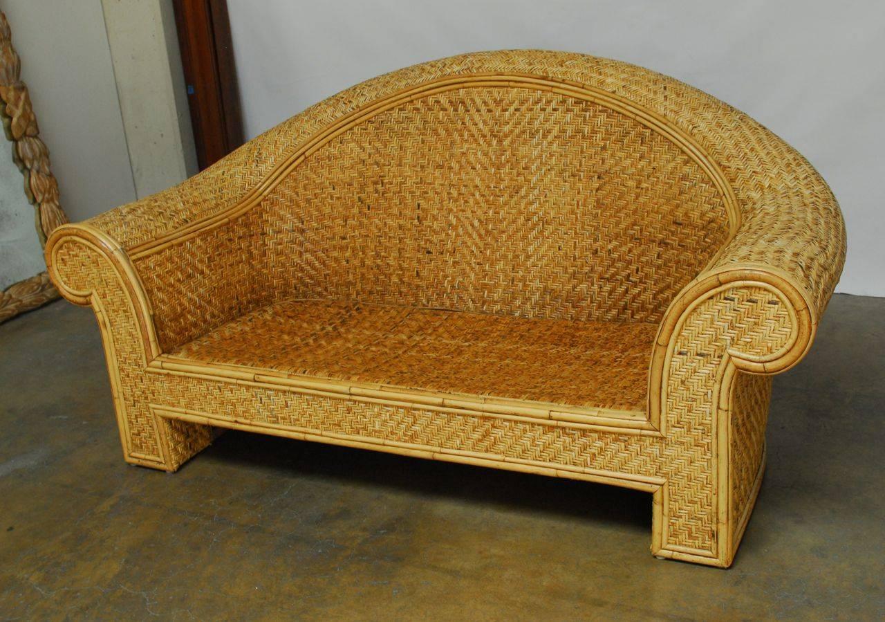 Hollywood Regency Woven Rattan and Bamboo Settee in the Manner of Ralph Lauren