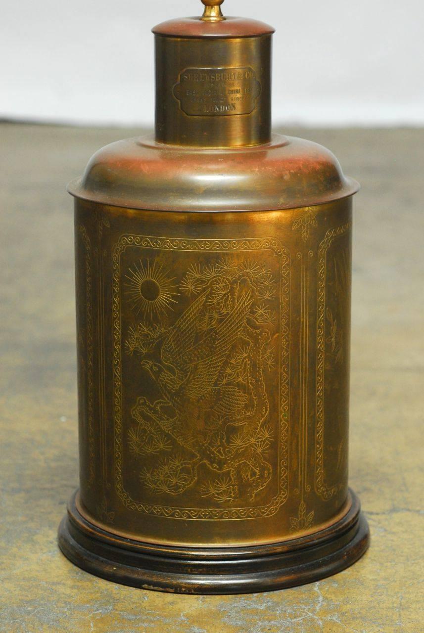 Rare, large brass tea canister stamped Shrewsbury and Co. Importers Great Tower Street London. This tea caddy was converted into a table lamp by Samuel Dinkelspiel of Chicago. Dinkelspiel was a Chicago lamp maker in the early 20th century who