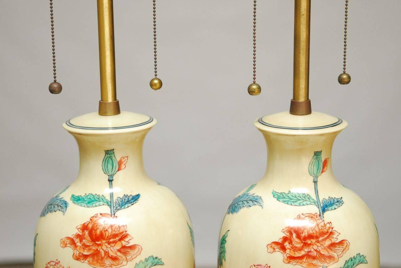 Hand-Painted Pair of Marbro Ceramic Floral Vase Table Lamps