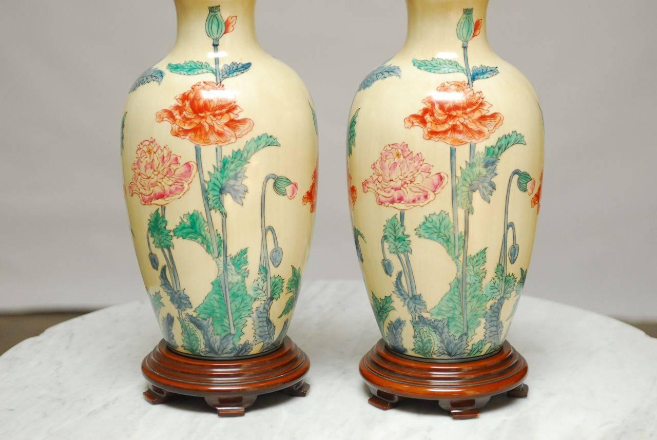 Hollywood Regency Pair of Marbro Ceramic Floral Vase Table Lamps