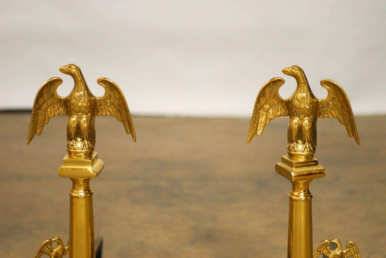 20th Century Pair of Cast Brass Federal Style Eagle Andirons