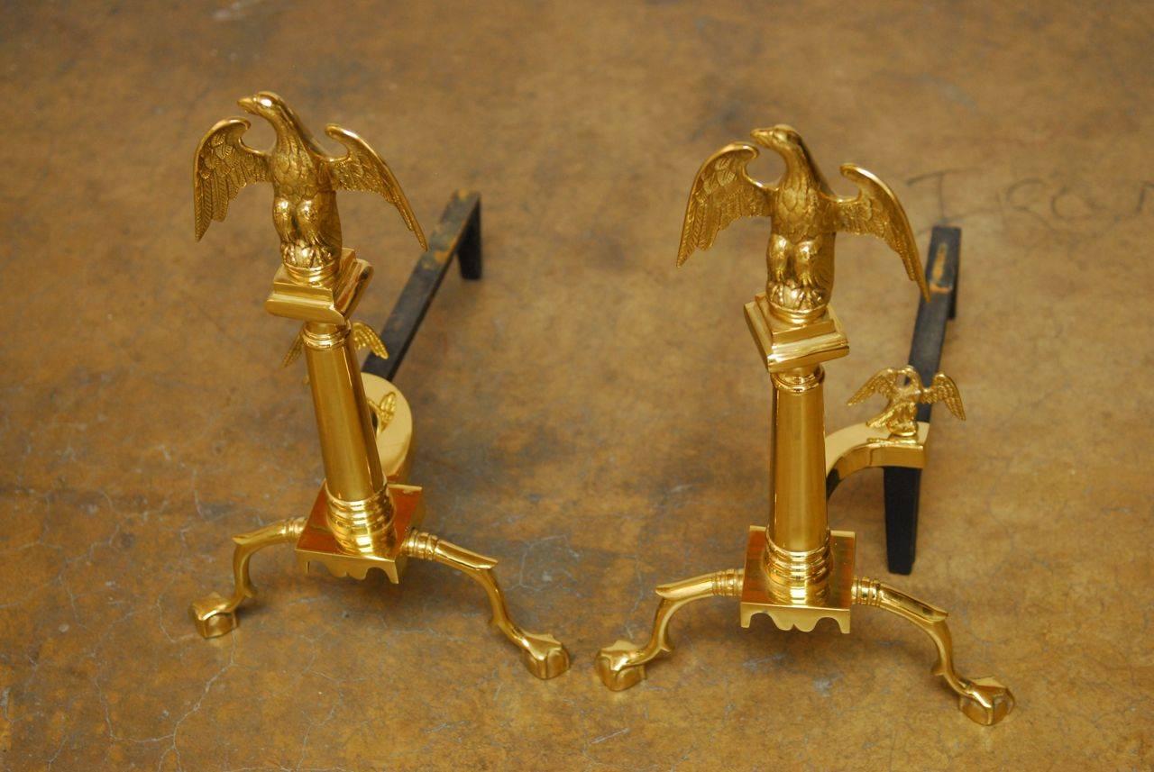 Pair of Cast Brass Federal Style Eagle Andirons In Excellent Condition In Rio Vista, CA