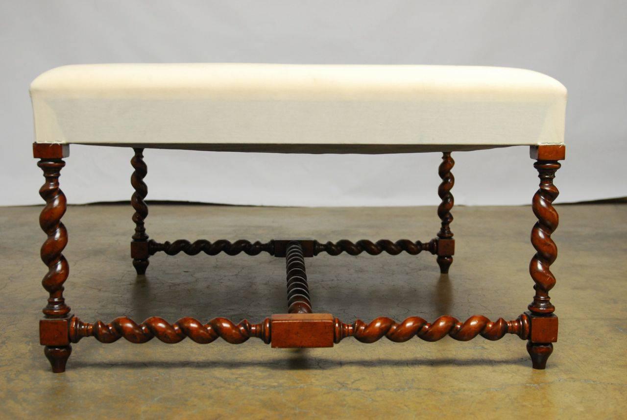20th Century Louis XIII Barley Twist Upholstered Ottoman Bench