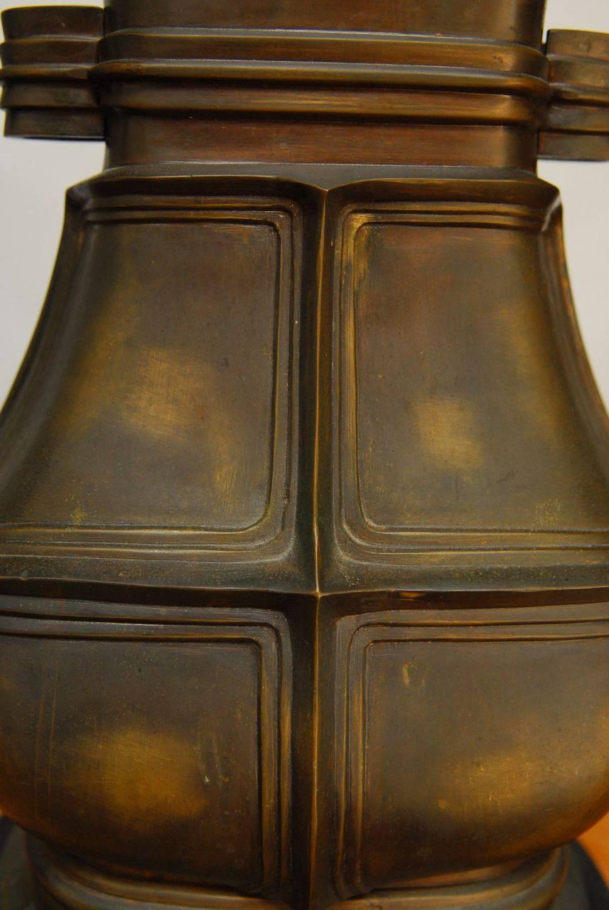 Mid-Century Modern Pair of Monumental Chinese Bronze Vessel Table Lamps