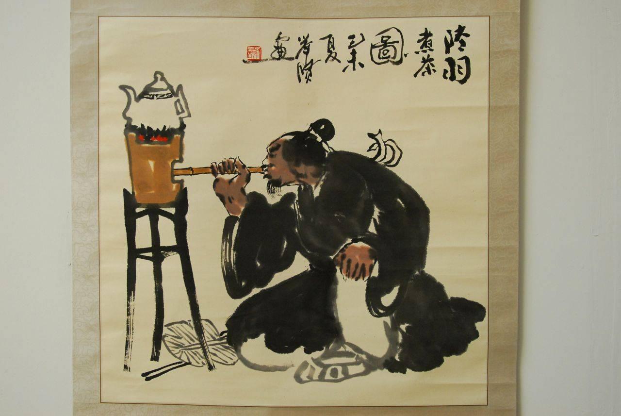 Hand-Painted Chinese Scroll Lu Yu Sage of Tea