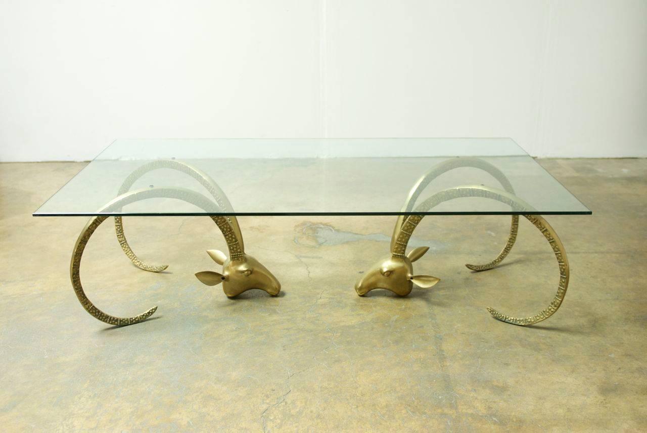 Hollywood Regency Large Brass Ibex Ram's Head Coffee Cocktail Table