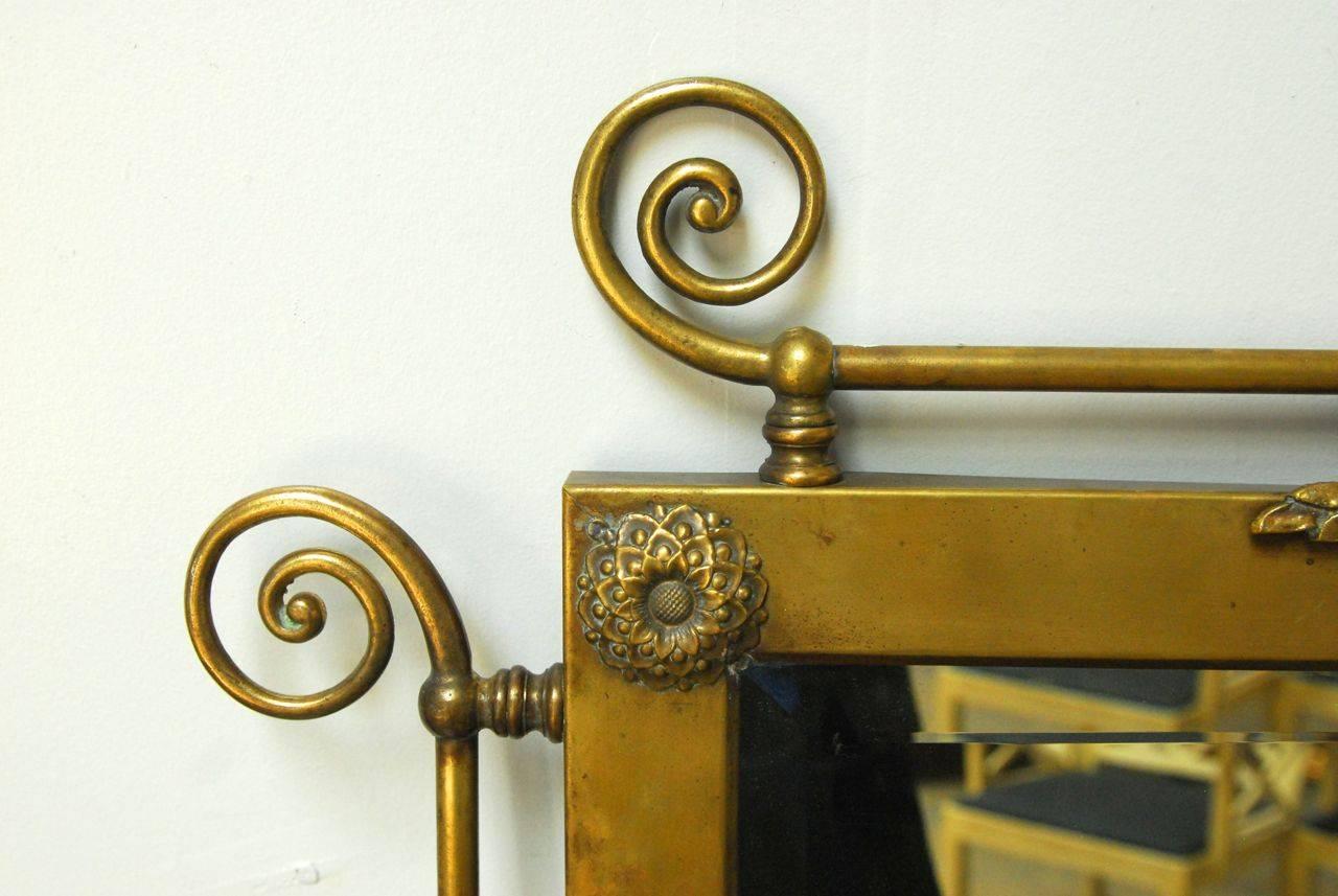 English Period Art Nouveau Brass Mirror with Oil Lamp Sconces
