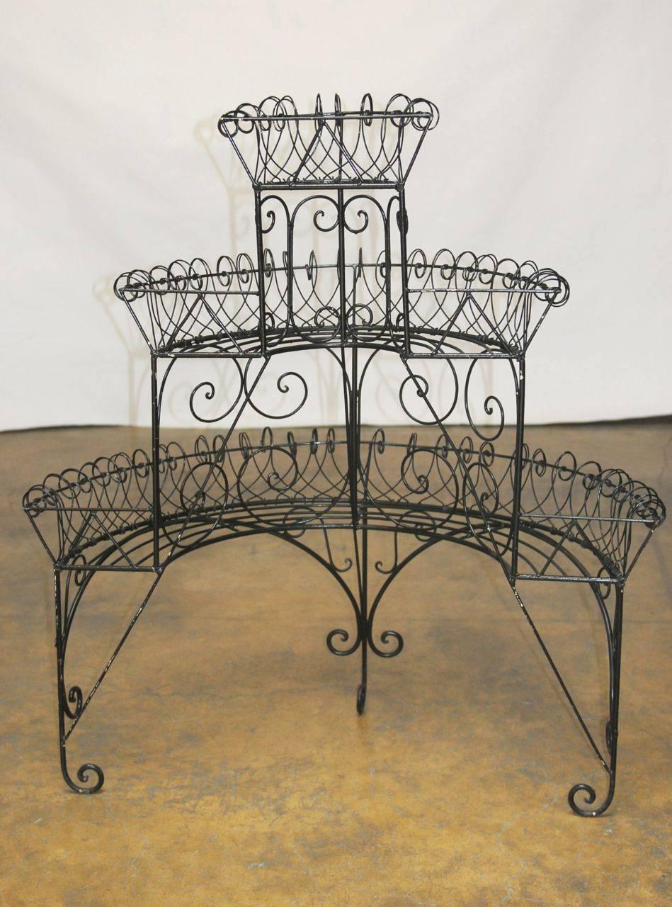 Hand-Crafted Black French Wire Demi lune Plant Stand