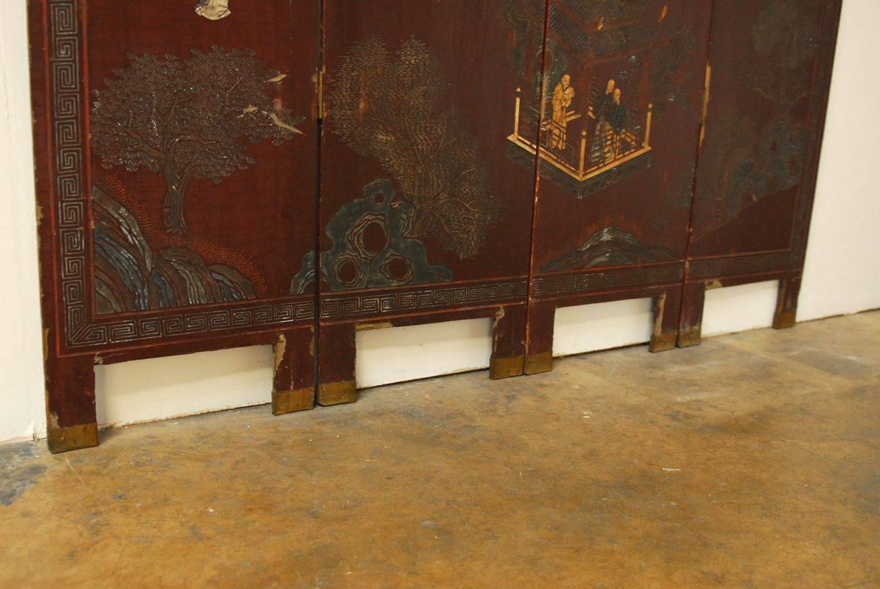 Chinese 19th Century Four Panel Lacquered Coromandel Screen