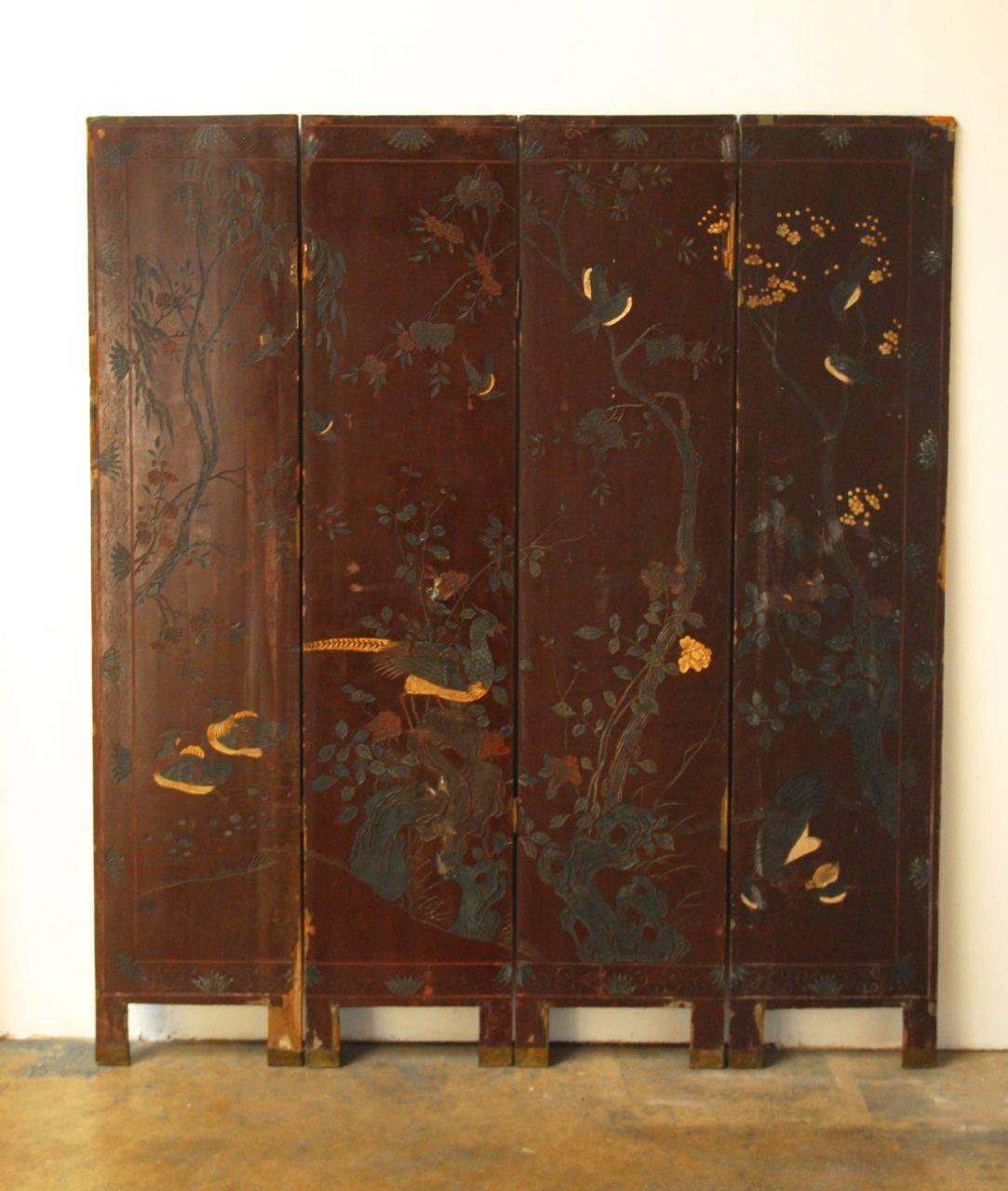 19th Century Four Panel Lacquered Coromandel Screen 1