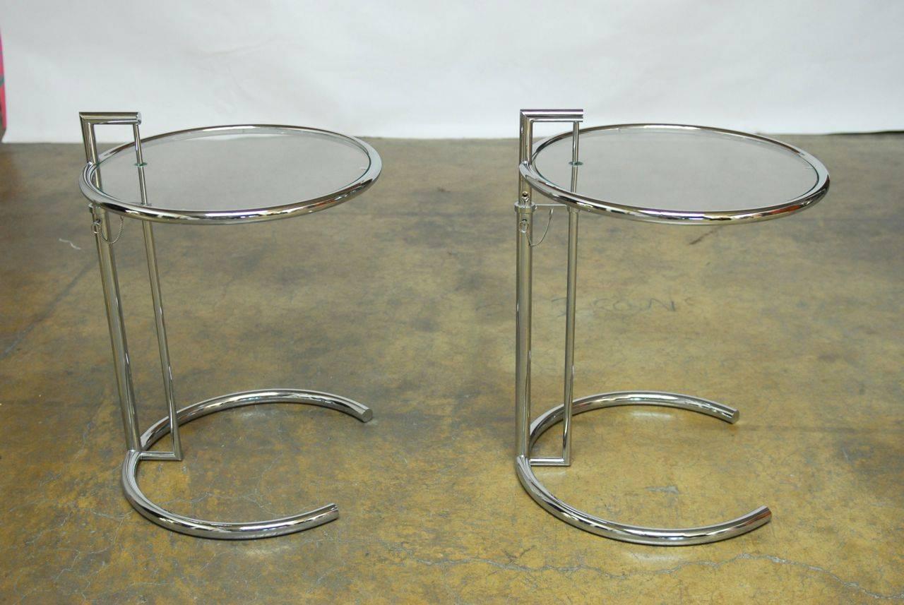 Mid-Century Modern Pair of Adjustable Chrome and Glass Drink Tables Attributed to Eileen Grey