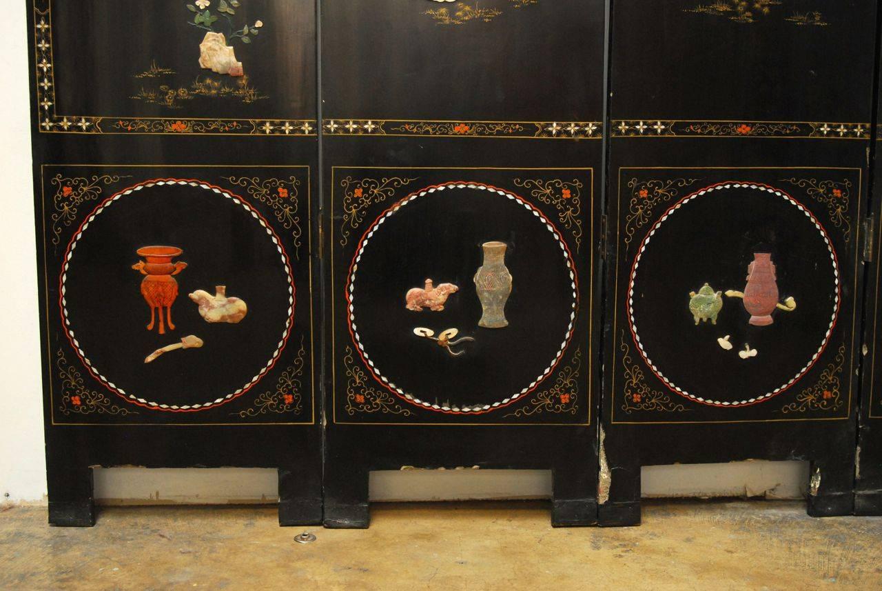 Hand-Carved Six-Panel Chinese Lacquered Hardstone Screen