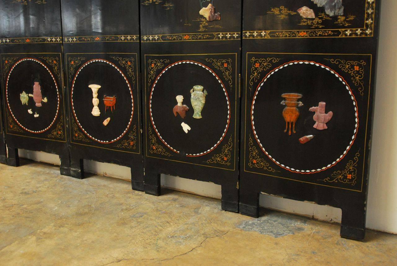 20th Century Six-Panel Chinese Lacquered Hardstone Screen