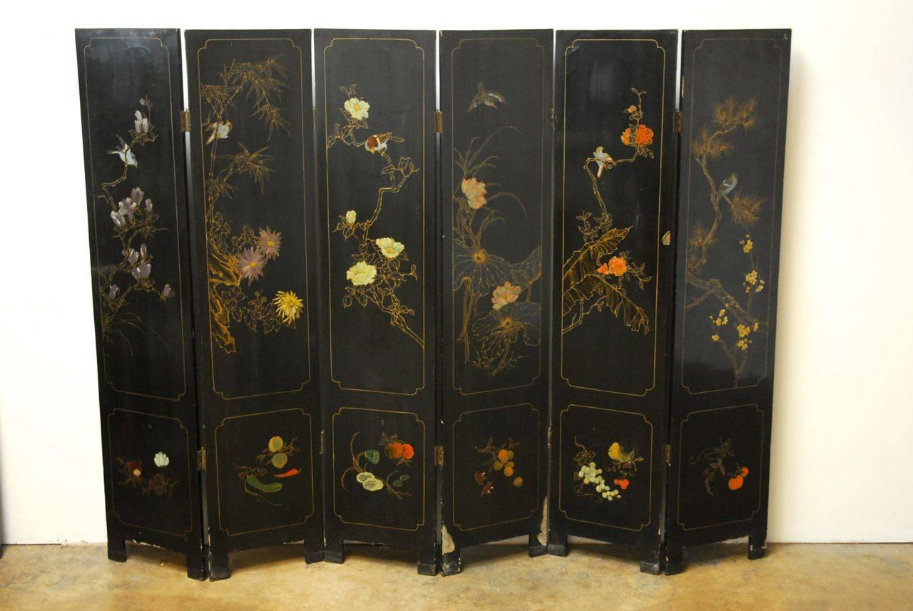 Six-Panel Chinese Lacquered Hardstone Screen 2