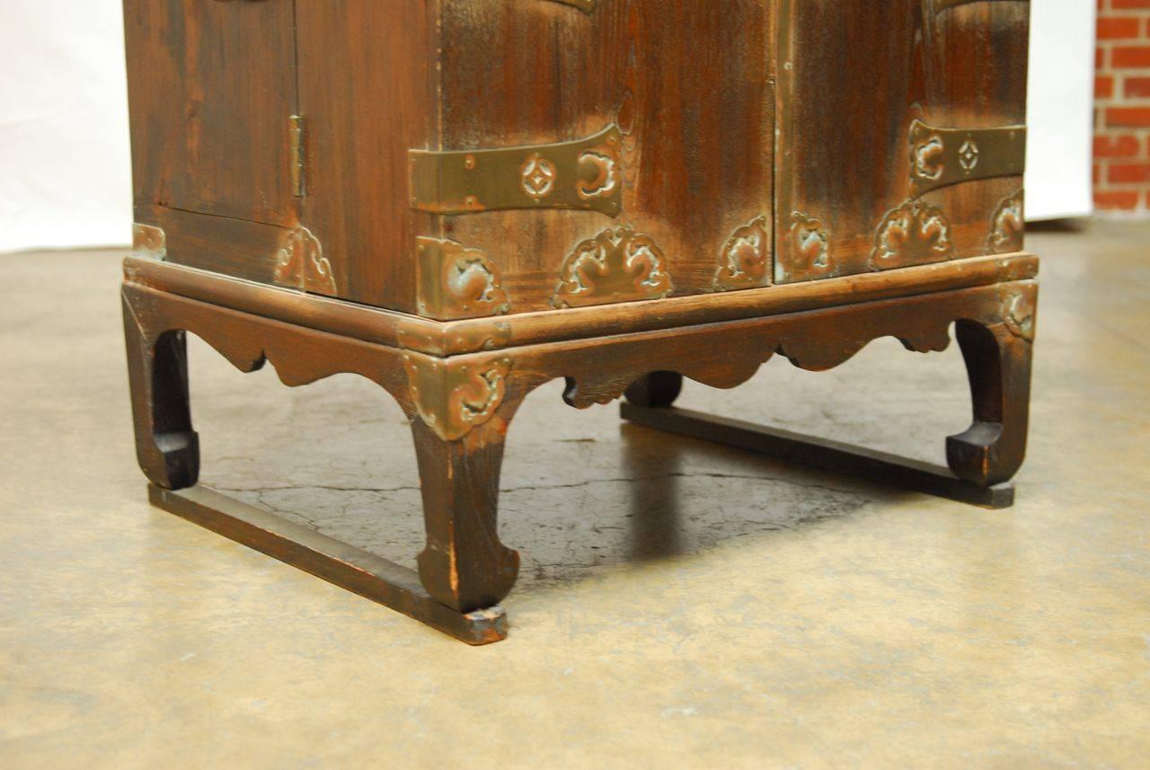 Brass Korean Campaign Style Secrétaire Cabinet Chest with Desk For Sale