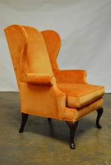 Pair of Queen Anne Style Orange Crush Velvet Wing Chairs