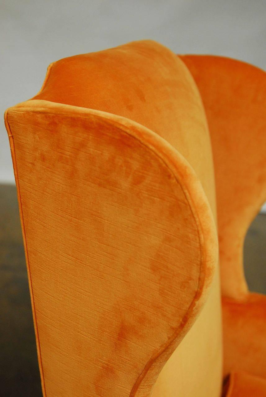 Pair of Queen Anne Style Orange Crush Velvet Wing Chairs In Excellent Condition In Rio Vista, CA