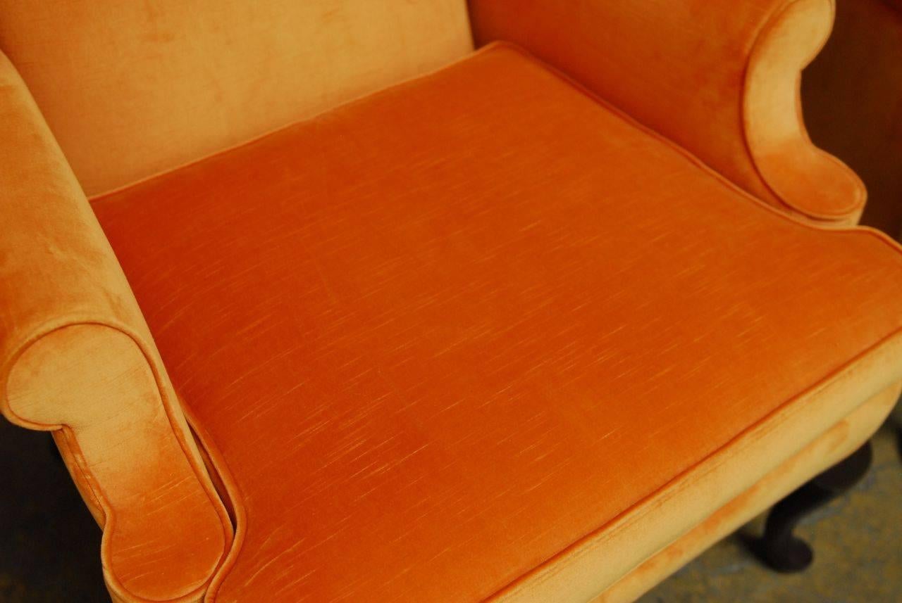 20th Century Pair of Queen Anne Style Orange Crush Velvet Wing Chairs