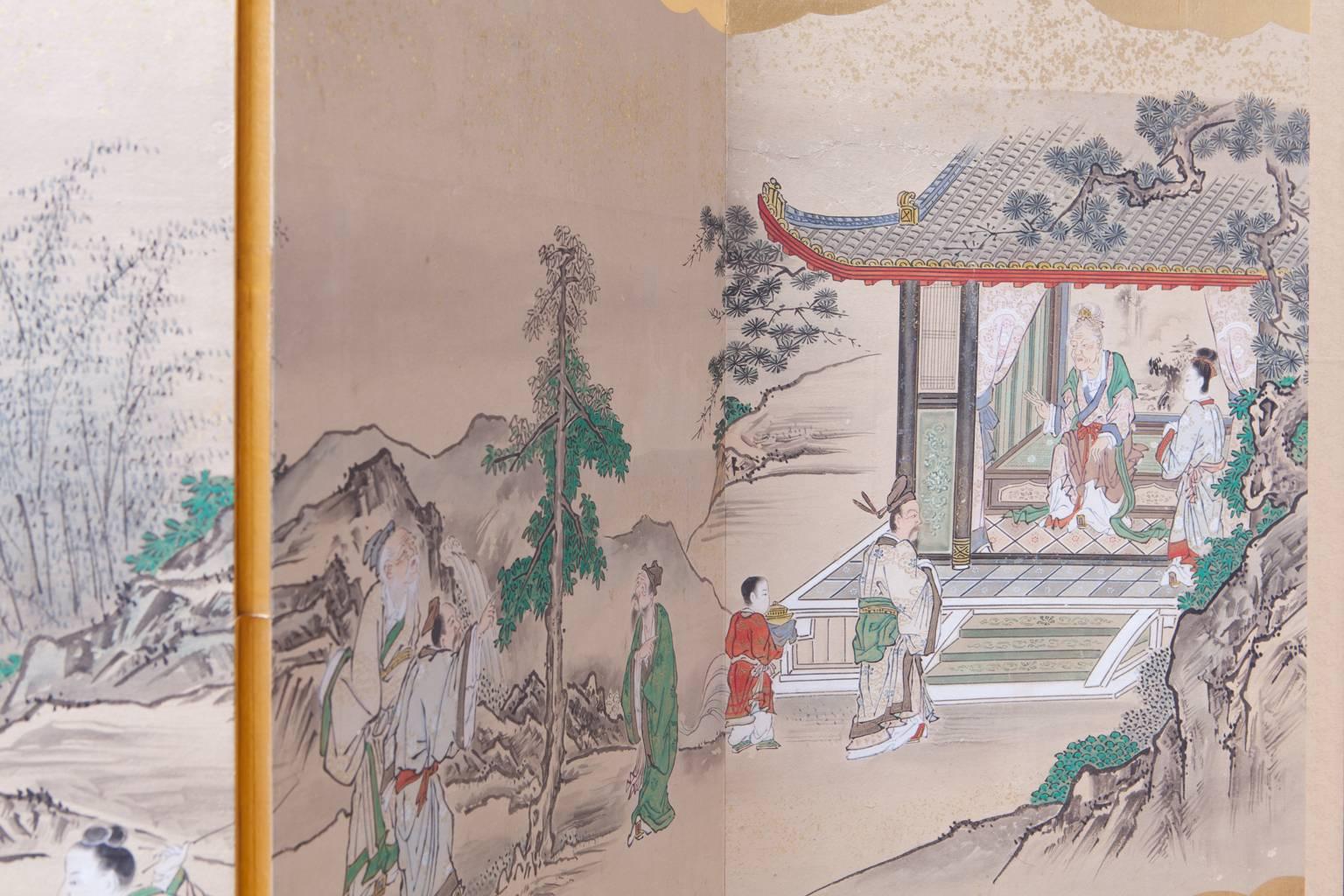 Lacquered 19th Century Japanese Four-Panel Kano School Edo Period Screen