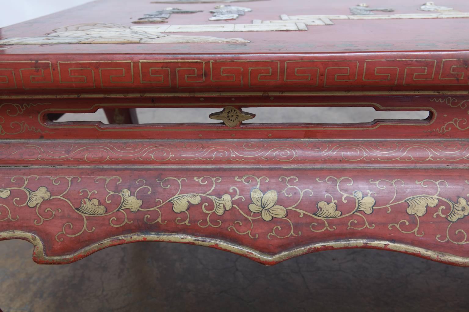 Chinese Red Lacquer Hard Stone Kang Coffee Table 1