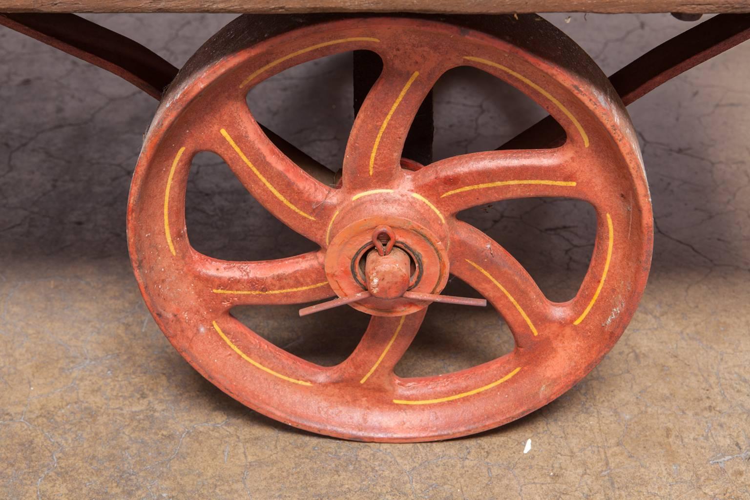 Industrial Factory Rolling Cart with Iron Wheels In Distressed Condition In Rio Vista, CA